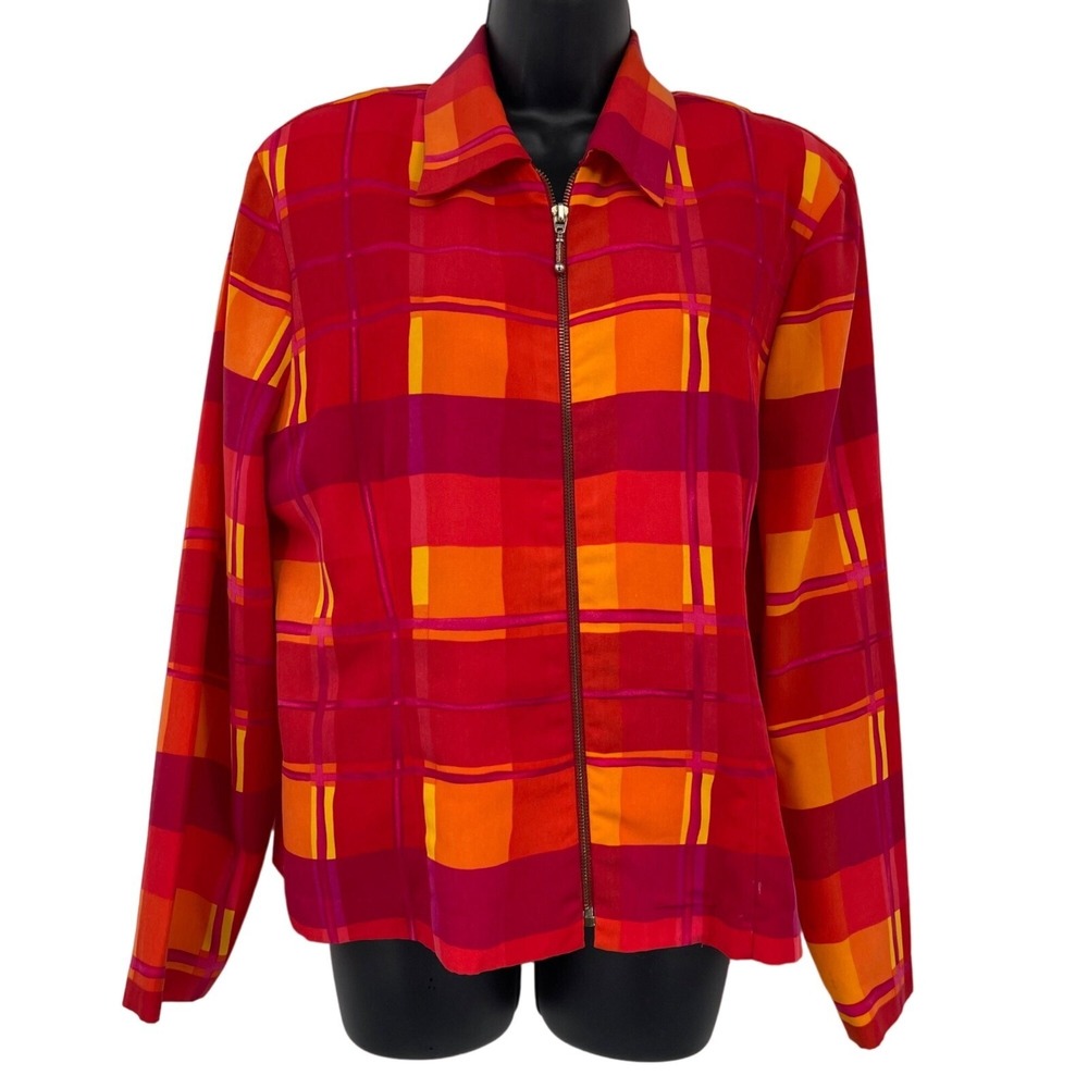 Anthony Mark Hankins Zip Shirt Jacket Womens L Red Orange Plaid Vintage‎ Style